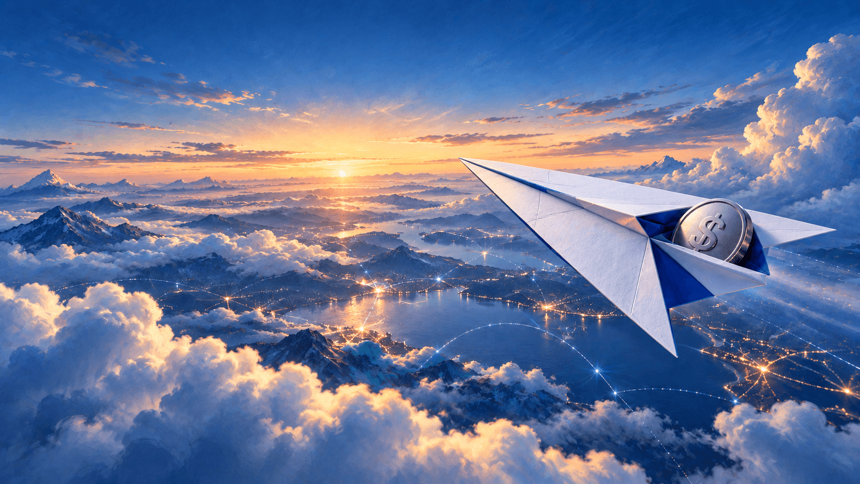 A carefully folded paper airplane carries a dollar coin above a blue cloudscape